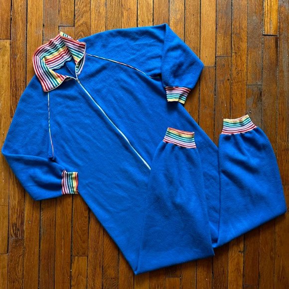 Vintage 60s/70s Talon Zipper Men Blue PRIDE Rainbow Stripe Full Pajama Onesie - Picture 6 of 8